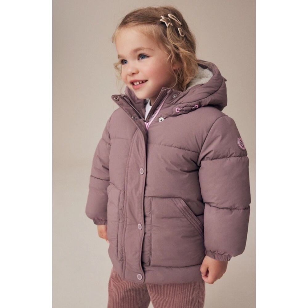 NEXT Pink Girls Padded Puffer Coat Water Resistant Shearling Lined Sz 2-3 NWT